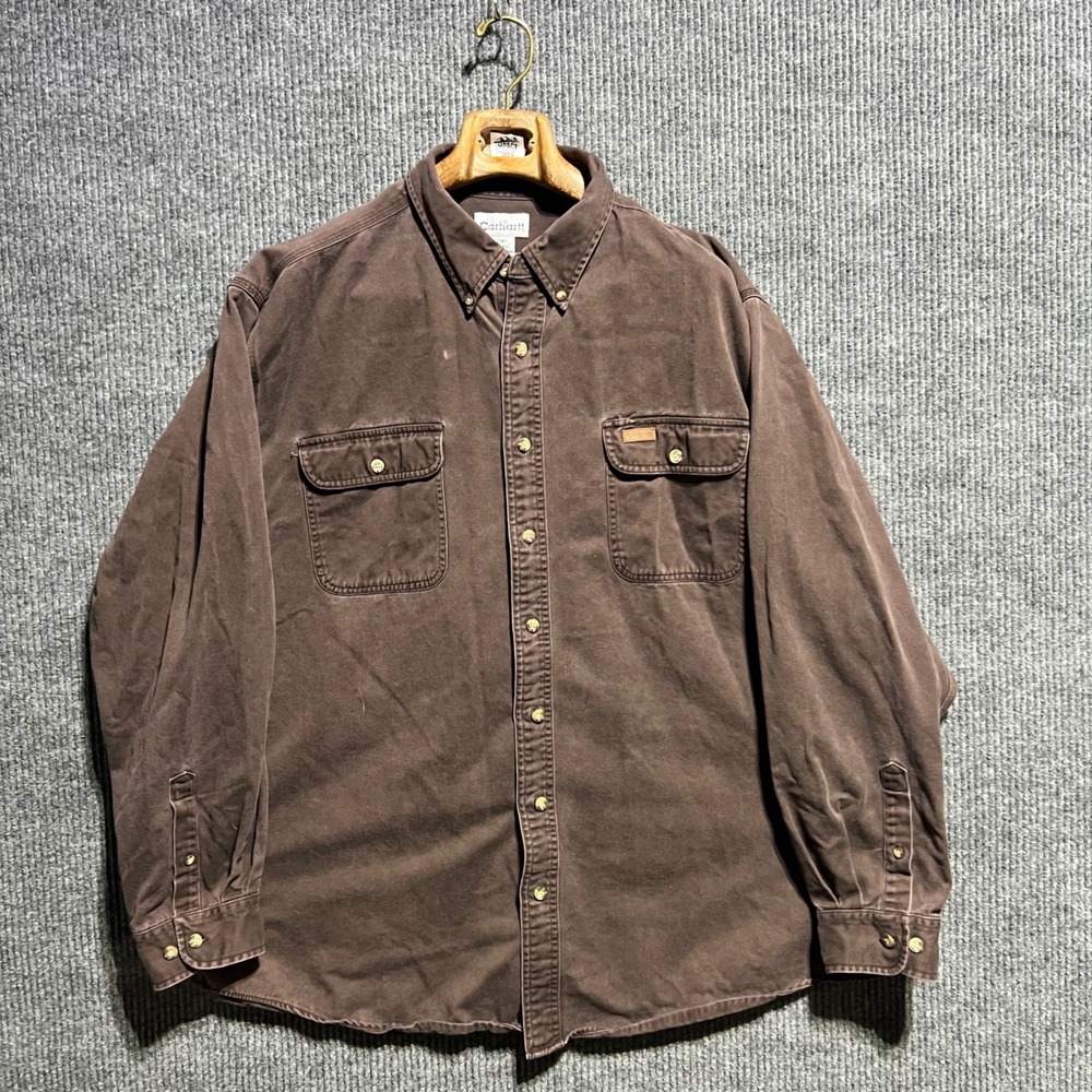 Carhartt Button Down Shirt Mens 2XL Tall Brown Workwear Long Sleeve Cotton